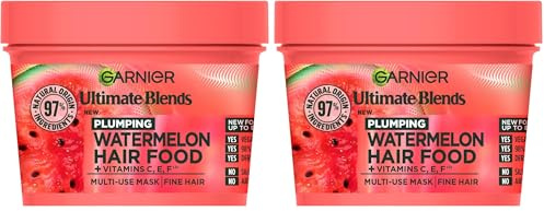 Garnier Hair Food 3-In-1 Fine Hair Treatment Mask, 4x More Plumped Hair, For Fine Hair, No Silicones, Vegan Formula, Watermelon, Ultimate Blends, 400ml (Pack of 2)