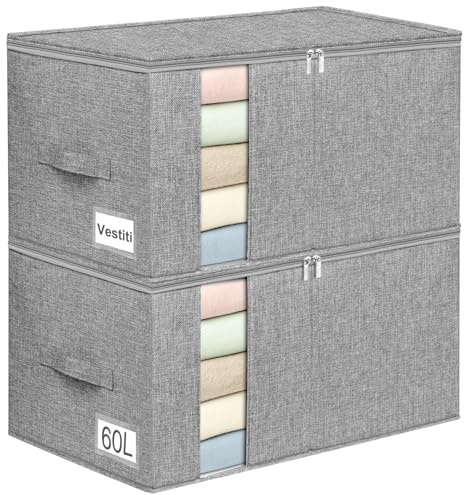 mepure 2 Pezzi Scatole per Armadio Rigide, 60L Contenitori Sottoletto con 3 Maniglie e Doppia Cerniera, Contenitori Vestiti Finestra in Trasparente, Impilabili Organizer Armadio con Pieghevole, Grigio