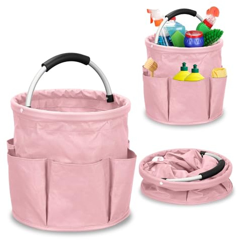 BigKing Borsa Portaoggetti Pieghevole, Secchio per La Pulizia con 6 Tasche Esterne, Cestino Portaoggetti Pulizie Pieghevole in Tessuto Oxford, Accessori Pulizia Casa (Colore Rosa)