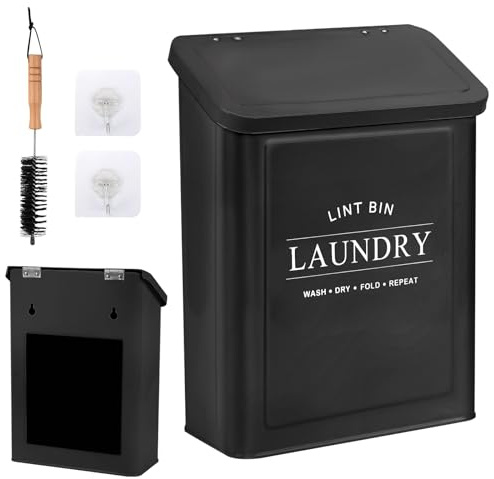 Contenitore magnetico per lanugine per lavanderia, contenitore per pelucchi a parete con spazzola per pelucchi, porta pelucchi con retro magnetico, pattumiera con coperchio per asciugatrice (nero B)