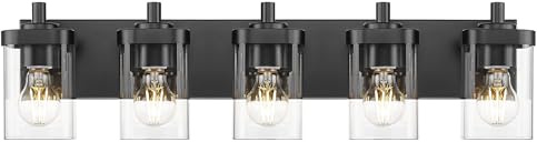 METWET Bathroom Light Fixtures, 5-Light 30 Vanity Light with Square Clear Glass Shade, Modern Matte Black Wall Sconces, Vanity Lighting Fixtures Over Mirror, VL194-MB-5