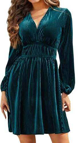R.Vivimos Womens Fall Winter Velvet Striped Mini Dress 2026 Long Sleeve V Neck Elastic High Waist Elegant Casual A-Line Dress (Medium, Teal)