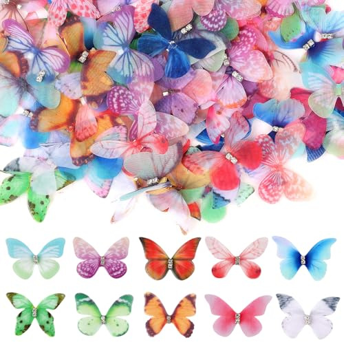 Notoke 100 Stücke 3D Schmetterlinge, Durchscheinender Chiffon Schmetterling, Organza Stoff Schmetterling, für DIY Dekoration, Gepäck, Scrapbooking, Wand und Fenster Haarspange Dekoration