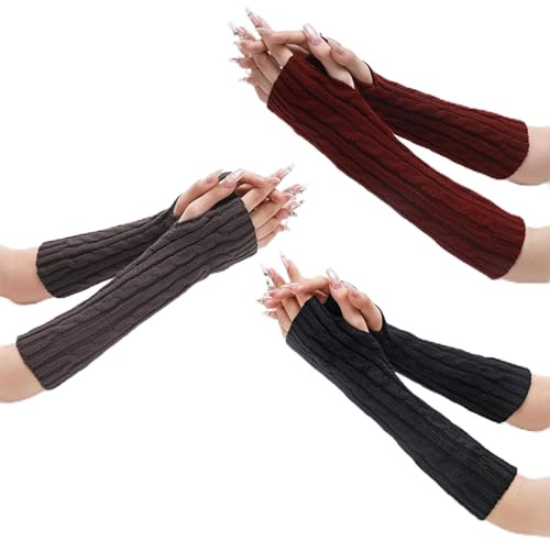 3 Paires de Manchettes pour Femmes, 3 Couleurs de Gants sans Doigts Tricotés, Manchettes Tricotées, Chauffe-Bras et Gants pour Femmes et Hommes