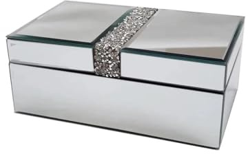 Biznest Luxury Silver Mirrored Finish Glass Jewellery Box Sparkle Crushed Diamante Square Storage Display Holder Velvet Lined Interior Large Cosmetics Organiser Dressing Table Vanity Decor 25 X 20 Cm