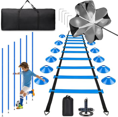 Piashow Fotbollsträningstillbehör, fotbollsträningsset med 6 slalom poles, koordinationsstege 6 m, 12 hattar, hopprep och motståndsfallskärm