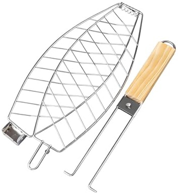 yeeplant Grillkorg för fiskar, hopfällbart grillställ, utökat 62 cm, avtagbart trähandtag, låsdesign förhindrar mathalk, bärbar för camping och utomhusgrillning