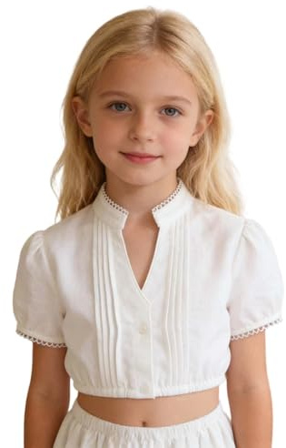 Blouse Fille Dirndl Col Haut Chemisier pour Fille Bavarois Élégant Blanc
