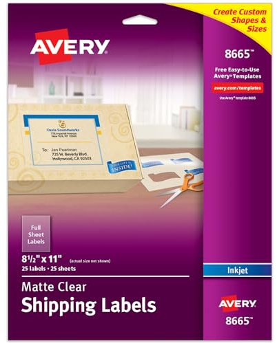 Avery Full Sheet Printable Shipping Labels, 8.5 x 11, Matte Clear, Inkjet, Create Custom Labels Using Scissors or Electronic Cutting Machines, 25 Total (8665)