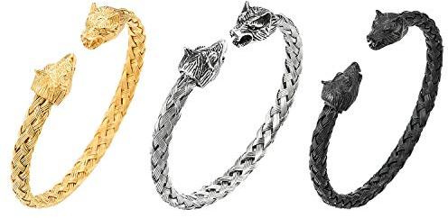 JewelryWe Schmuck 3pcs Herren Armband Edelstahl Gegenüber Wolf Wolfskopf geflochten Draht Kabel Wikinger Biker Offen Armreif Armspange Silber Gold Schwarz