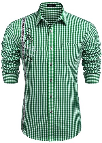 COOFANDY Camisas Tradicionales Camisa Oktoberfest de Corte Regular para Hombre Camisa de Manga Larga a Cuadros Camisa Tradicional para Hombre Verde L