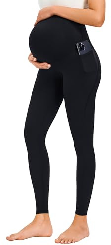 JOYSPELS Maternity Leggings Over The Belly with Pockets Non-See-Through Workout Pregnancy Leggings, Black, Large