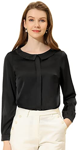 Allegra K Chemisier élégant à col Claudine pour Femmes avec Fausse de Boutonnage et Chemise de Travail à Manches Longues Noir S