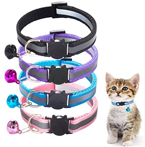 4 Stück Katzenhalsband mit Sicherheitsverschluss, Verstellbare Reflektierende Kätzchenhalsbänder mit Glocke