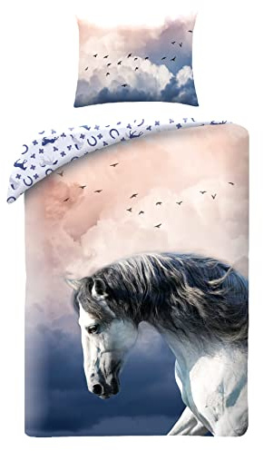 Biancheria da Letto Matrimoniale con Cavallo, Completo Letto 140 x 200 cm + 70 x 90 cm, 100% Cotone