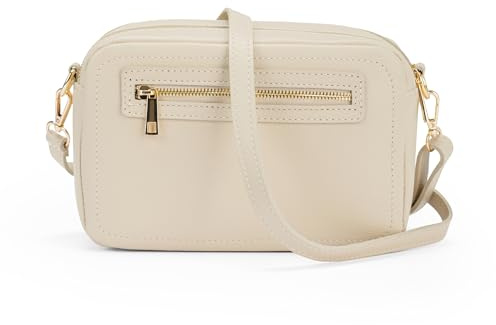 Mauro Pelletteria Damen-Umhängetasche aus echtem Leder – 100% Made in Italy – Elegant – 3 Reißverschlussfächer – Premium Handarbeit aus Florenz (Elfenbein)