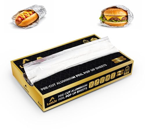 LuxLiv ® Aluminiumfolie Ark 200 st – Pop-Up Dispenser 30,5 x 27,3 cm, Extra Tjock 18 Mikron, Förskurna Folieark för Catering, Restaurang & Takeaway
