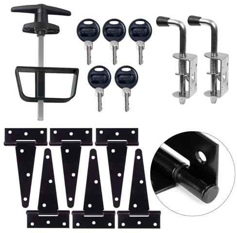 6 Shed Door Hardware Kit with T-Handle Lock & 5 Keys - 6 Hinges, 2 Barrel Bolts - Iron Gate Hardware Set, Black Powder Coated by [BTEOBFY]