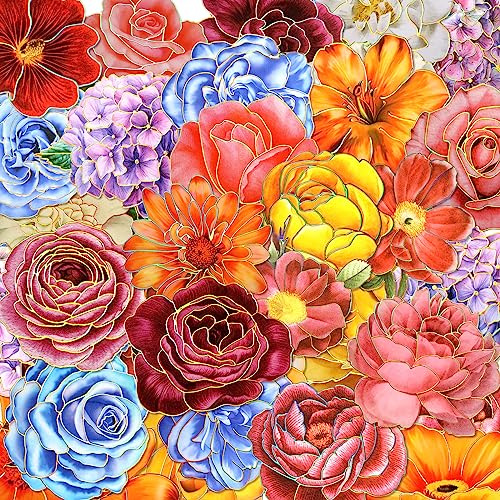100 PCS Large Size Flowers Sticker with Vibrant Colors and Gold Holographic Outlines for Journaling Supplies, Scrapbook Stickers Large Flower Stickers for Journals Planners Water Bottles Paper Crafts