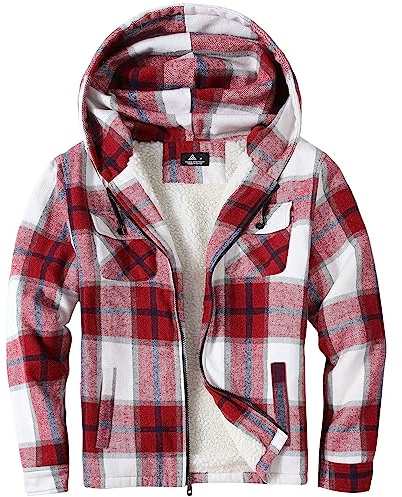 JACKETOWN Veste Polaire Homme Avec Capuche Chemise En Flanelle à Carreaux Veste Mi-Saison Chaude Doublée Manteau Décontracté Avec Poches Idéale Pour L’automne Et L’hiver