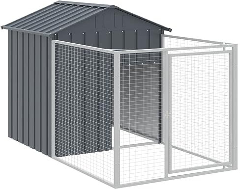 vidaXL Caseta para Perros, Perrera con Tejado Puerta, Casa para Animales, Jaula para Jardín Patio, Acero Galvanizado Gris 117x201x123 cm