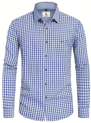 Trachtenhemd Herren Oktoberfest Hemd Outfit Tracht kariertes Hemd Blau Trachtenhemden Kurzarm Freizeithemd Langarm Karohemd Baumwolle XL