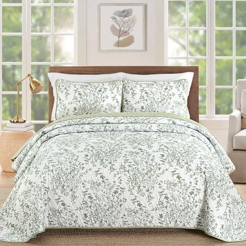WONGS BEDDING Quilts Queen Size, Sage Green Quilt Bedding Set with 2 Pillowcases, Botanical Quilt for Queen Bed, Soft Microfiber Lightweight Coverlet Bedspread for All Season (96×90, 3 Pieces)