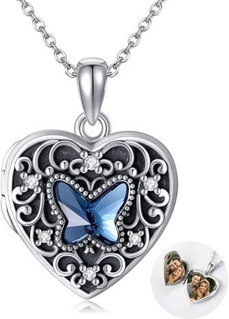 DAYLINLOVE Collier médaillon papillon en argent sterling 925 avec pendentif en forme de cœur avec images pour femme, Argent sterling