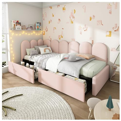 Wyibwy Divano letto 90x190cm con rete a doghe, letto per bambini e adulti, letto singolo contenitore con 2 cassetti, chaise longue in velluto, rosa (senza materasso)