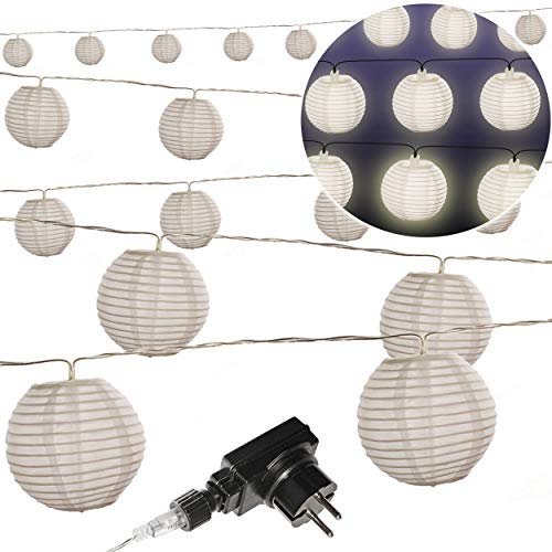 alles-meine.de GmbH Licht - LED - Lichterkette/Lampionkette - 10,50 Meter - wetterfest - AUßEN & INNEN - Strombetieben - elektrisch - mit Trafo Stecker - 20 weiße Stoff - Kugel..