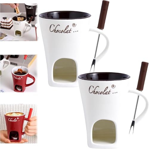 Chokladfondue-kopp, 200 ml keramisk chokladfondue-set, mugg för smältning av choklad, fondue-set med gaffel och värmeljus för ost choklad smör karamell (2 st. A, A)
