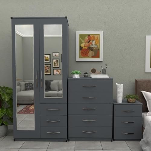 Ready 3-Piece Bedroom Furniture Set, 2-Door Mirrored Wardrobe with Drawers, 5-Drawer Chest, 3-Drawer Bedside Table (Grey)