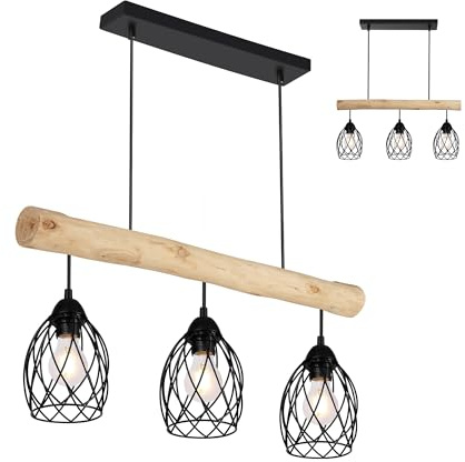 RLCLUTW Vintage Pendelleuchte Holz 3-flammig E27 Balkenlampe im Industrial Design, Retro Hängelampe höhenverstellbar für Esszimmer Küche Wohnzimmer Bar (Primary color, 60cm)