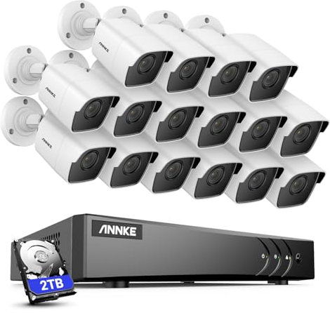 ANNKE 16 Canales 5MP Kit de Videovigilancia, DVR 3K Lite con Disco Duro de 2TB, 16 Cámaras Exteriores CCTV 5MP, Detección por IA de Personas y Vehículos, Sistema de Seguridad para Hogar y Negocio