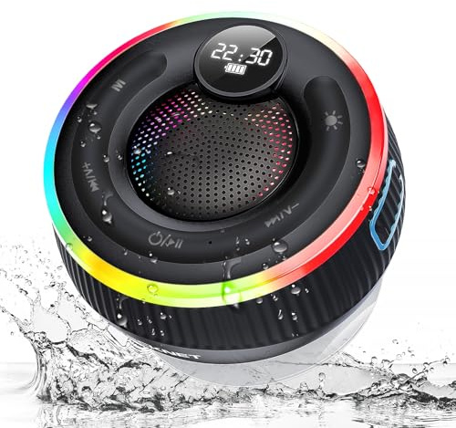 TECKNET Bluetooth Shower Speaker, IPX7 Waterproof Portable Wireless Speaker with RGB Light, BT 5.3, 10H Playtime, Built-in Mic, Suction Cup & TWS HD Stereo for Bath Beach Travel - Gift Ideas (Black)