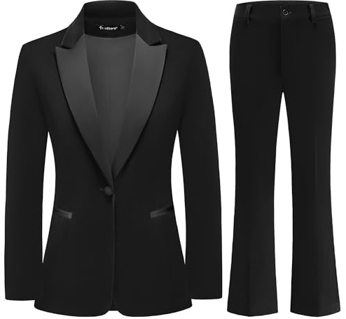 TRONSTORE Women's Velvet Suit 2 Piece Set Satin Peaked Lapel Blazer Outfits for Women Wedding Party Business-Black M