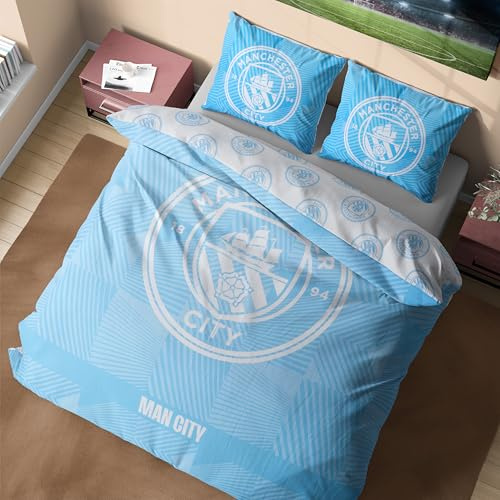 Get Trend Manchester City FC Funda Nórdica Cama Doble con Funda de Almohada, Diseño Reversible, Ropa de Cama Niños Adultos, 200 × 200 cm (Azul Manchester City, Double)