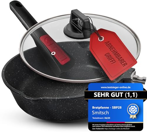 Smitsch Bratpfanne 24 cm mit Deckel –abnehmbarer Griff, Beschichtet, spülmaschinenfest,ofenfest pfanne,pfannen induktion, pfanne 24 cm hoher rand, PFOA frei, Pan 24cm, Camping Pfanne (24 cm)