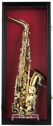 DisplayGifts Saxophone Display Case Saprano Alto Saxophone Stand Holder Wall Mount Shadow Box - 98% UV Protected & Lockable Black Frame
