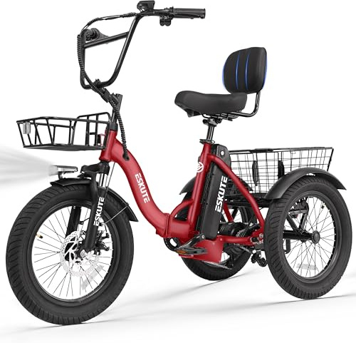 ESKUTE E Trike Electric Bike, Peak 1200W Brushless Motor Folding Trike 18X3.0 Fat Tire Ebike, 624Wh Removable Battery, Step-Thru 3 Wheel Electric Bicycle, 18MPH+ Tricycle for Adults, Red