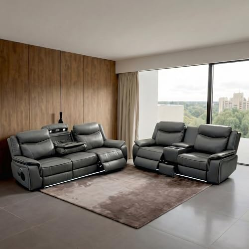 Pradaa Leather Electric Recliner Sofa Set With Cupholders – 3+2 Seater Sofa Set – LED Lights – Bluetooth Speakers – Cooling cupholders – USB and Type-C charging ports (3+2 Seater, Grey)