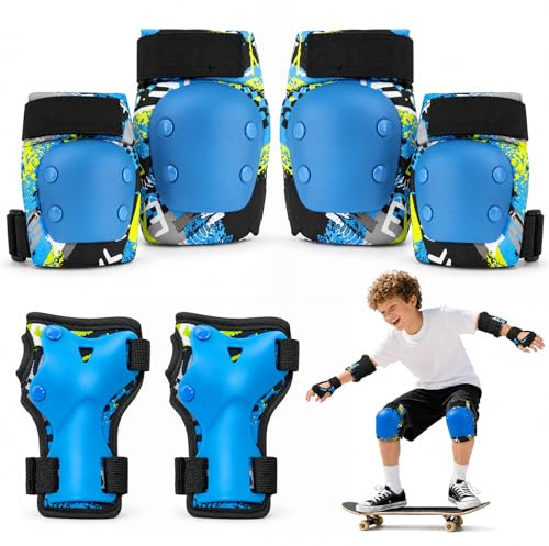 Lafefe Kids Protective Gear Set 6 in 1, Knee Pads Elbow Pads Wrist Guards with PP Shell & EVA Cushion, Adjustable Skating Pads S Size for Roller Skating Skateboard Cycling (Blue)