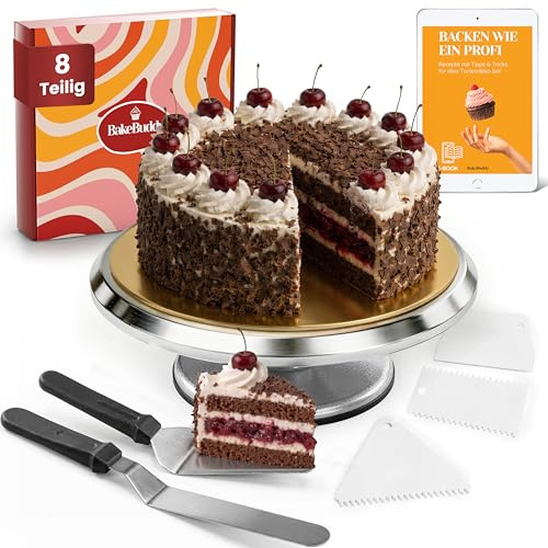 BakeBuddy Piatto girevole per torte Set – Giratorta Professionale da 30 cm in alluminio con base antiscivolo incl. 2 palette angolari e 3 spatole da pasticceria in acciaio inossidabile