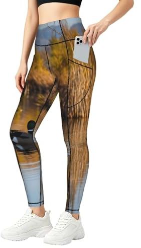SABFWF Loon natur fågel tryck leggings för kvinnor, träningsset med fickor, för gym, fitness och vardagskläder, Svart, 3XL