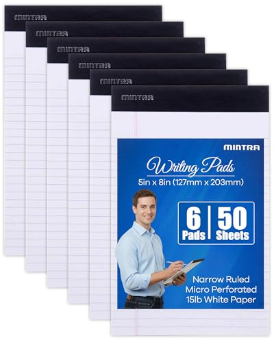 Mintra Office White Legal Pads – Ruled Notepads and Micro-Perforated Sheets, Ideal for Writing, Note-Taking & Creativity, Office, or Professional Use, Basic Pad 6 pack, 5x8 (Narrow Ruled)