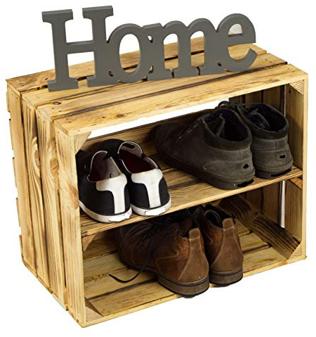 Zapatero zapatero de cajas de madera flameada, zapatero para niños y adultos, estable estantería en aspecto de cajas de fruta (flameado normal 50 x 40 x 29 cm, 1 juego)