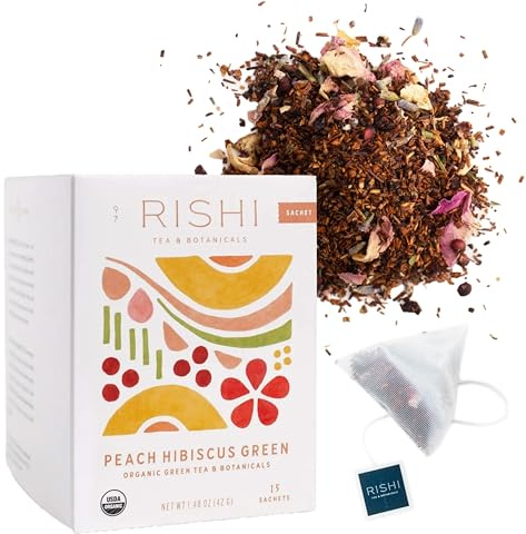 Rishi Tea Peach Hibiscus Green Houjicha Roasted Japanese Tea - Organic, Low Caffeine Sachet Bags with Hibiscus & Peach, Enjoy Hot or Iced - 15 Count (Pack of 1)