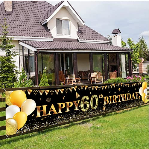 Happy 60th Birthday Banner,60th Birthday Decoration Black Gold,Party Backdrop Banner Fabric Banner.for Men Women 60thBirthday Photo Backdrop,Photography Background,Outdoor Yard Garden Table Wall