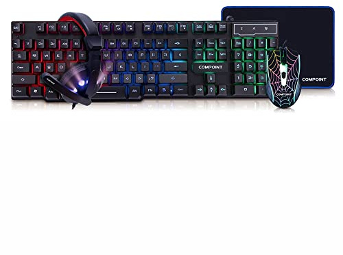 Compoint 4-in-1 Gaming Bundle - Computer Gaming Set of Q-LED Keyboard, Optical Gaming Light Up Keyboard, Gaming Headset, Mouse Pad - Multi Color Gaming Keyboard Mouse Combo for Xbox, Ps5 Gamer Pack.