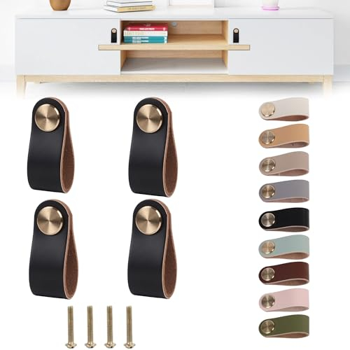 Lollanda 4 Stück Ledergriffe Für Möbel, Schrankknöpfe Mit Schrauben, 13 x 2,5 cm Türgriff für Küche, Bad, Schränke, Kommode, Holz, Kleiderschrank (Schwarz, 4)